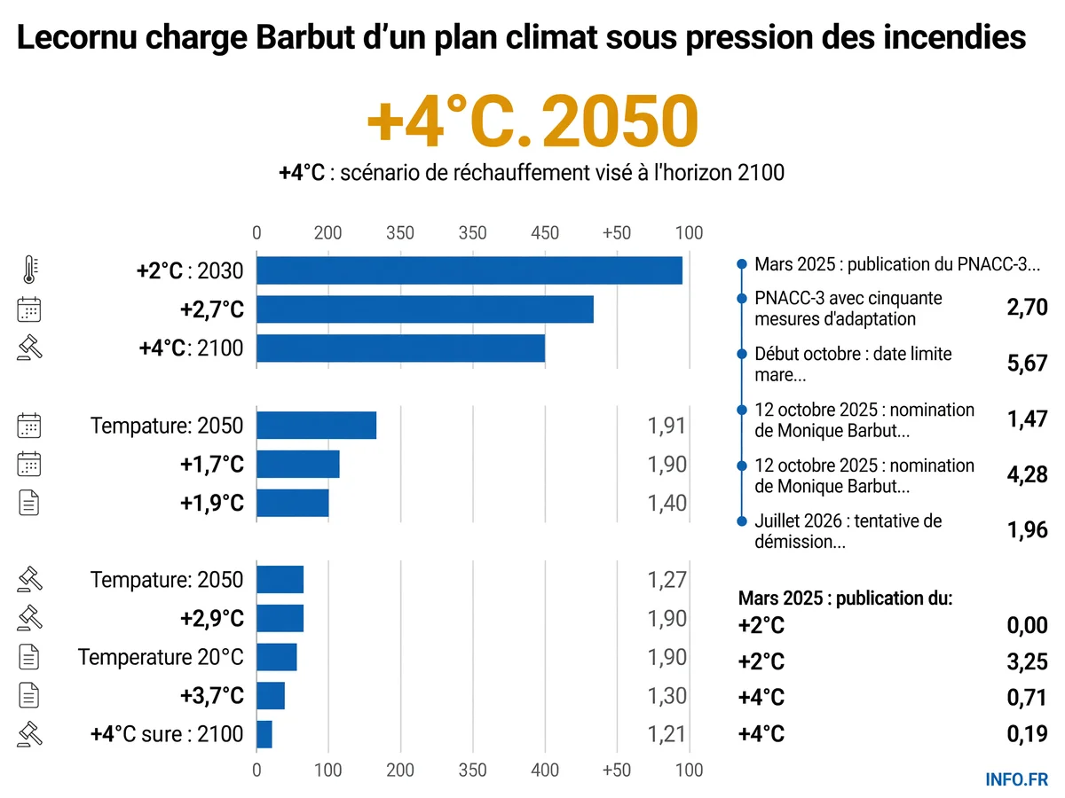 Chronologie de la mission Barbut sur l'adaptation climatique: du PNACC-3 de mars 2025 à la demande de Lecornu pour octobre 2026.