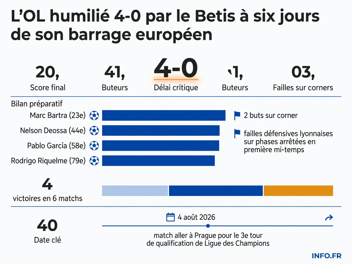 Infographie détaillant la défaite 4-0 de l'OL face au Betis, le calendrier serré avant le barrage européen contre le Sparta Prague et l'impact financier d'une non-qualification