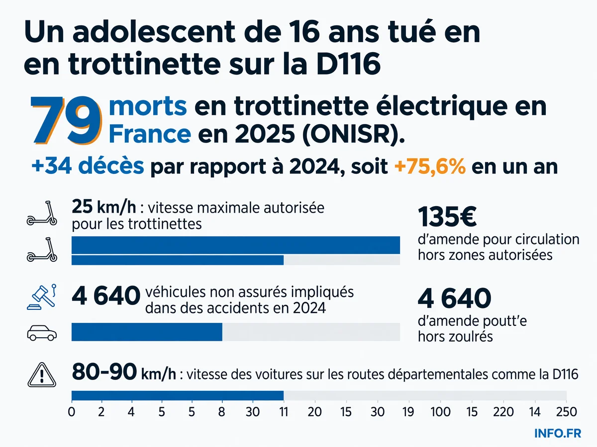 Statistiques de mortalité et réglementation des trottinettes électriques en France en 2025, illustrant la hausse de 75,6% des décès par rapport à 2024 et les sanctions pénales encourues.