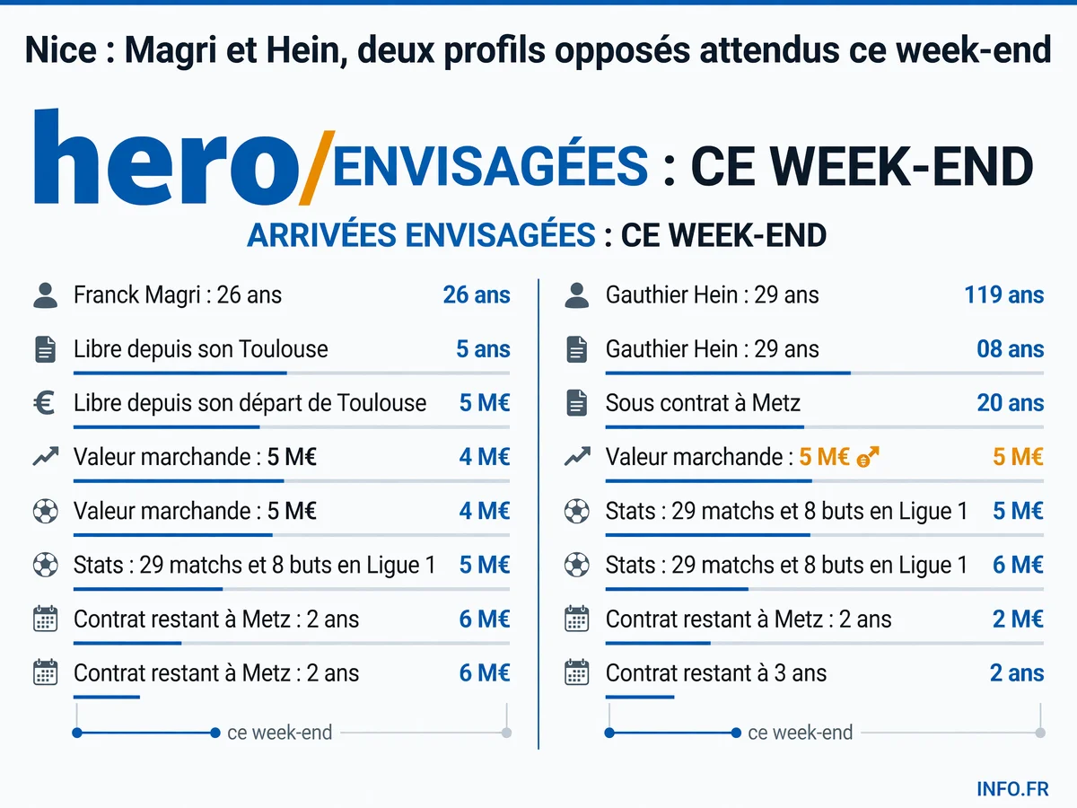 Les profils de Franck Magri et Gauthier Hein, les deux attaquants ciblés par l'OGC Nice pour ce week-end.