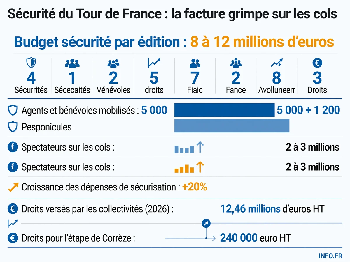 Coûts, effectifs et affluence liés à la sécurisation des cols du Tour de France, d'après les données disponibles sur l'édition 2026.