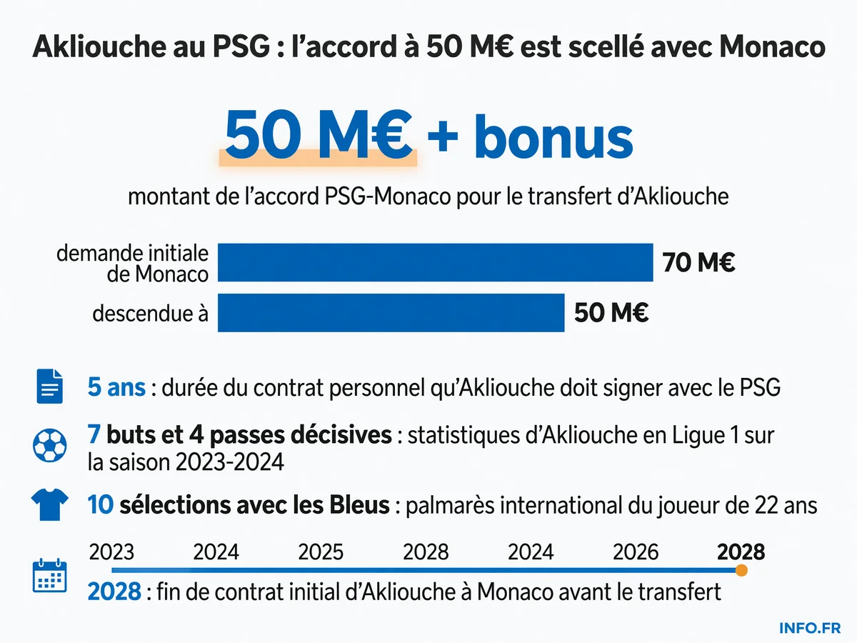 Montants et statistiques clés du transfert de Maghnes Akliouche de l'AS Monaco vers le Paris Saint-Germain.