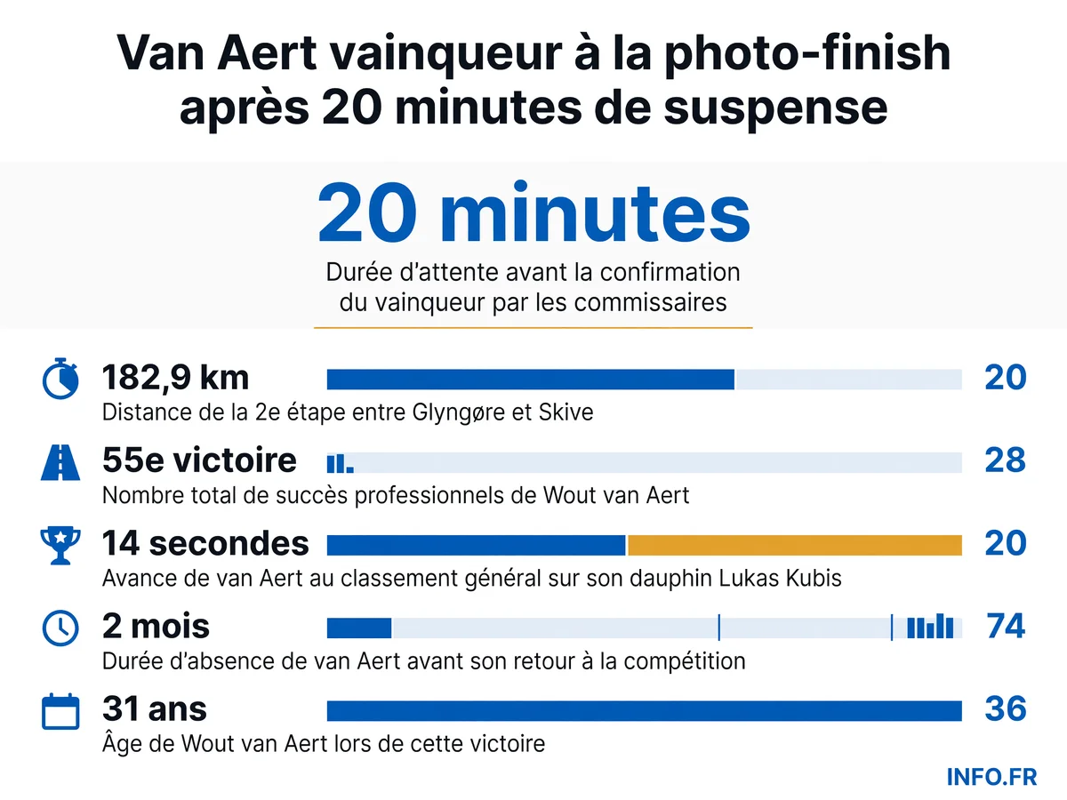 Infographie détaillant les données clés de la victoire de Wout van Aert lors de la 2e étape du Tour du Danemark 2026, incluant le temps d'attente de la décision, la distance de course et son avance au classement général.