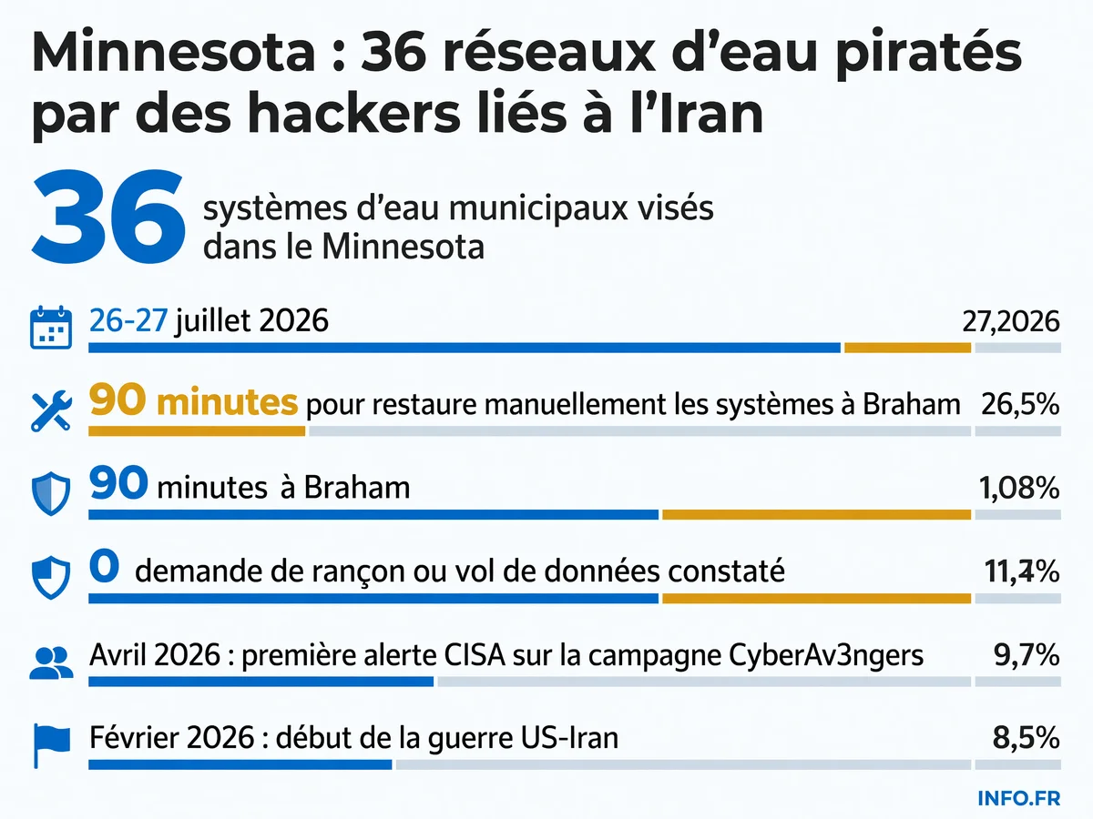 Chronologie et chiffres-clés de la cyberattaque iranienne contre 36 réseaux d'eau du Minnesota en juillet 2026