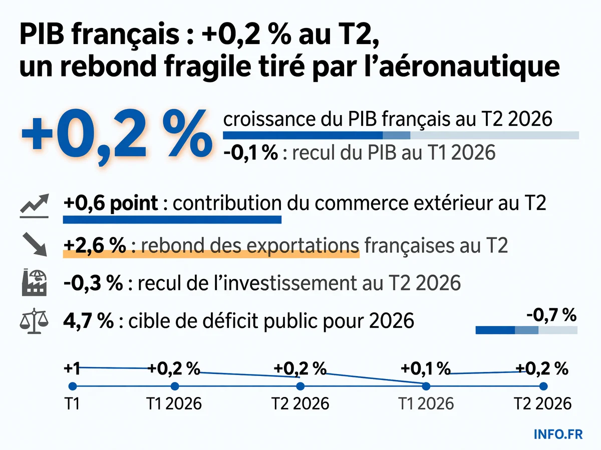 Données clés de la croissance économique française au deuxième trimestre 2026, publiées par l'Insee le 30 juillet 2026.