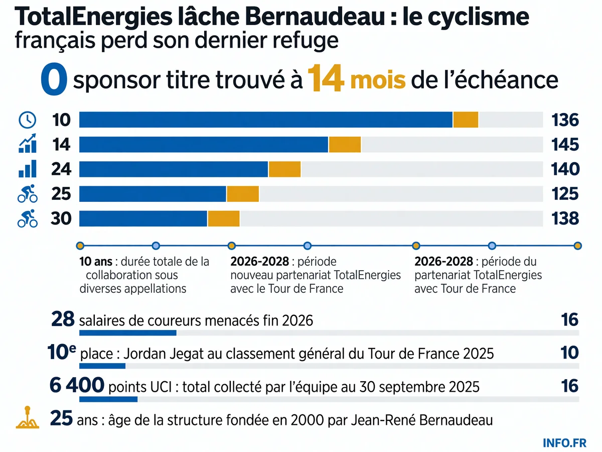 Données clés de la fin du partenariat TotalEnergies avec l'équipe cycliste de Jean-René Bernaudeau: recherche de sponsor, salaires menacés, performances sportives 2025, historique du sponsoring et réorientation du groupe énergétique.