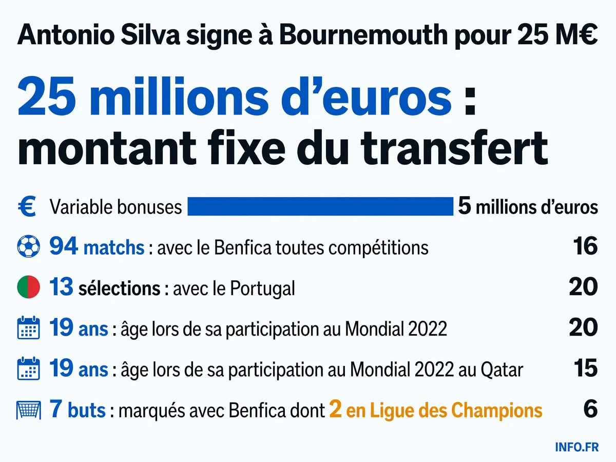 Les chiffres clés du transfert d'Antonio Silva du Benfica vers Bournemouth pour 25 millions d'euros en janvier 2026