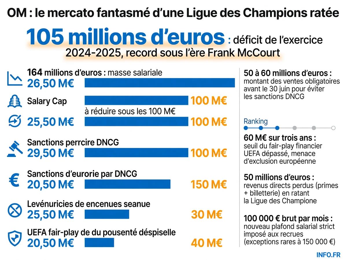 L'OM fait face à un déficit record de 105 M€ et doit vendre pour 50 à 60 M€ avant le 30 juin tout en ramenant sa masse salariale sous les 100 M€.