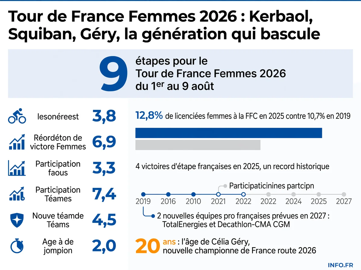 Les chiffres clés du Tour de France Femmes 2026 et de la génération française montante avec Kerbaol, Squiban et Géry