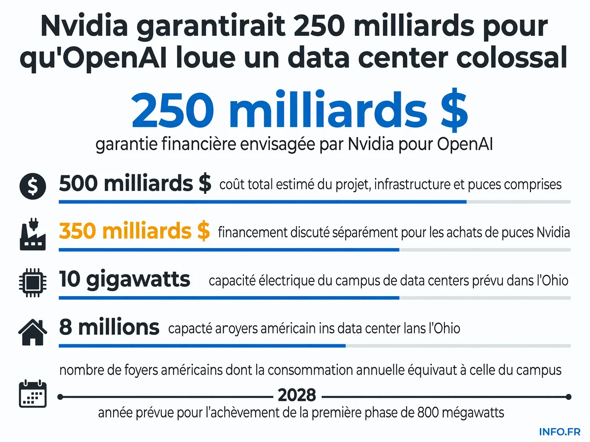 Schéma du projet de data center OpenAI-Nvidia dans l'Ohio: capacité de 10 gigawatts, garantie financière de 250 milliards de dollars, coût total de 500 milliards.