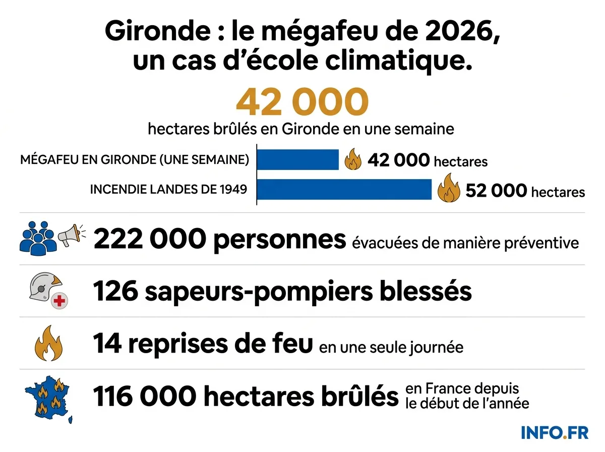 Les chiffres du mégafeu de Gironde en 2026: hectares brûlés, évacuations et pompiers blessés.