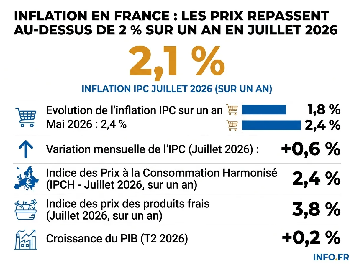 Évolution de l'inflation en France entre avril et juillet 2026 selon l'Insee, indice des prix à la consommation.