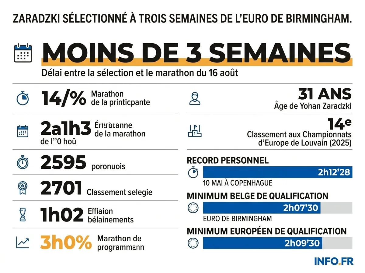Les chiffres clés de la sélection de Yohan Zaradzki pour le marathon des Championnats d'Europe de Birmingham, le 16 août 2026.