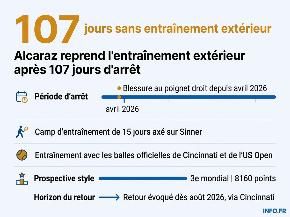 Les chiffres clés du retour à l'entraînement extérieur de Carlos Alcaraz avant l'US Open.