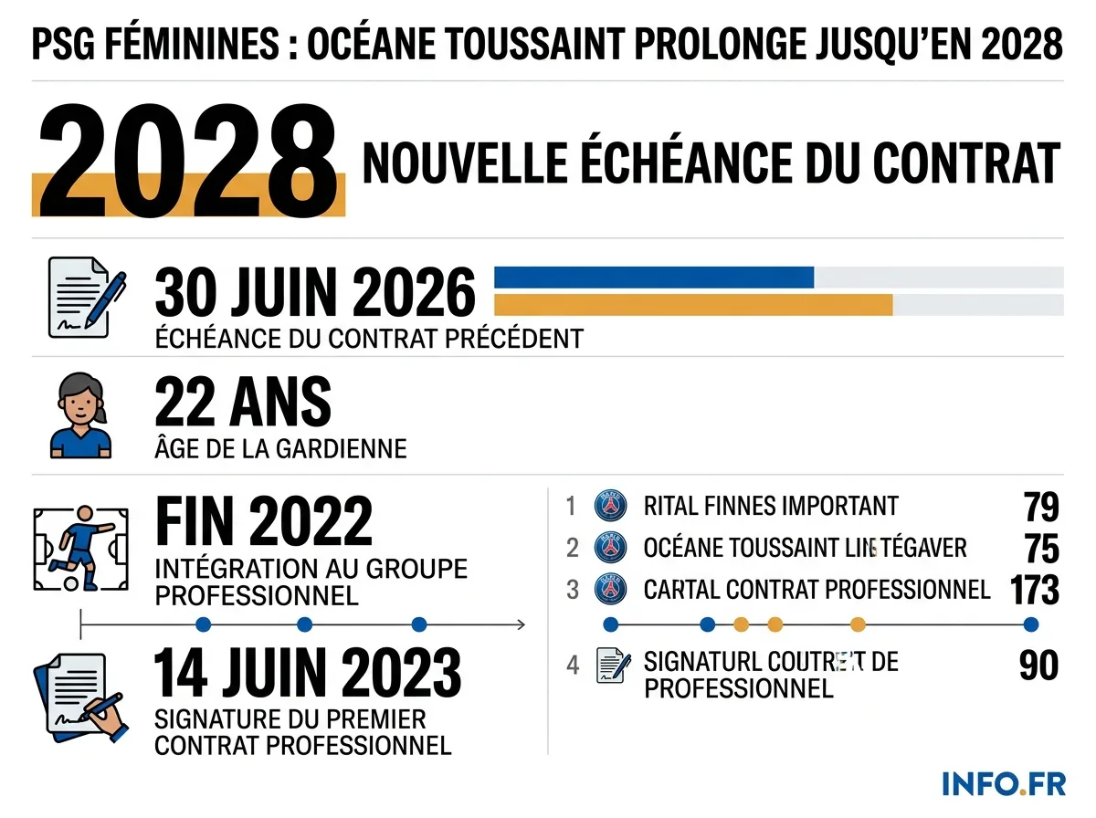 Chronologie du parcours contractuel d'Océane Toussaint au Paris Saint-Germain Féminines, de son intégration au groupe professionnel à sa prolongation jusqu'en 2028.