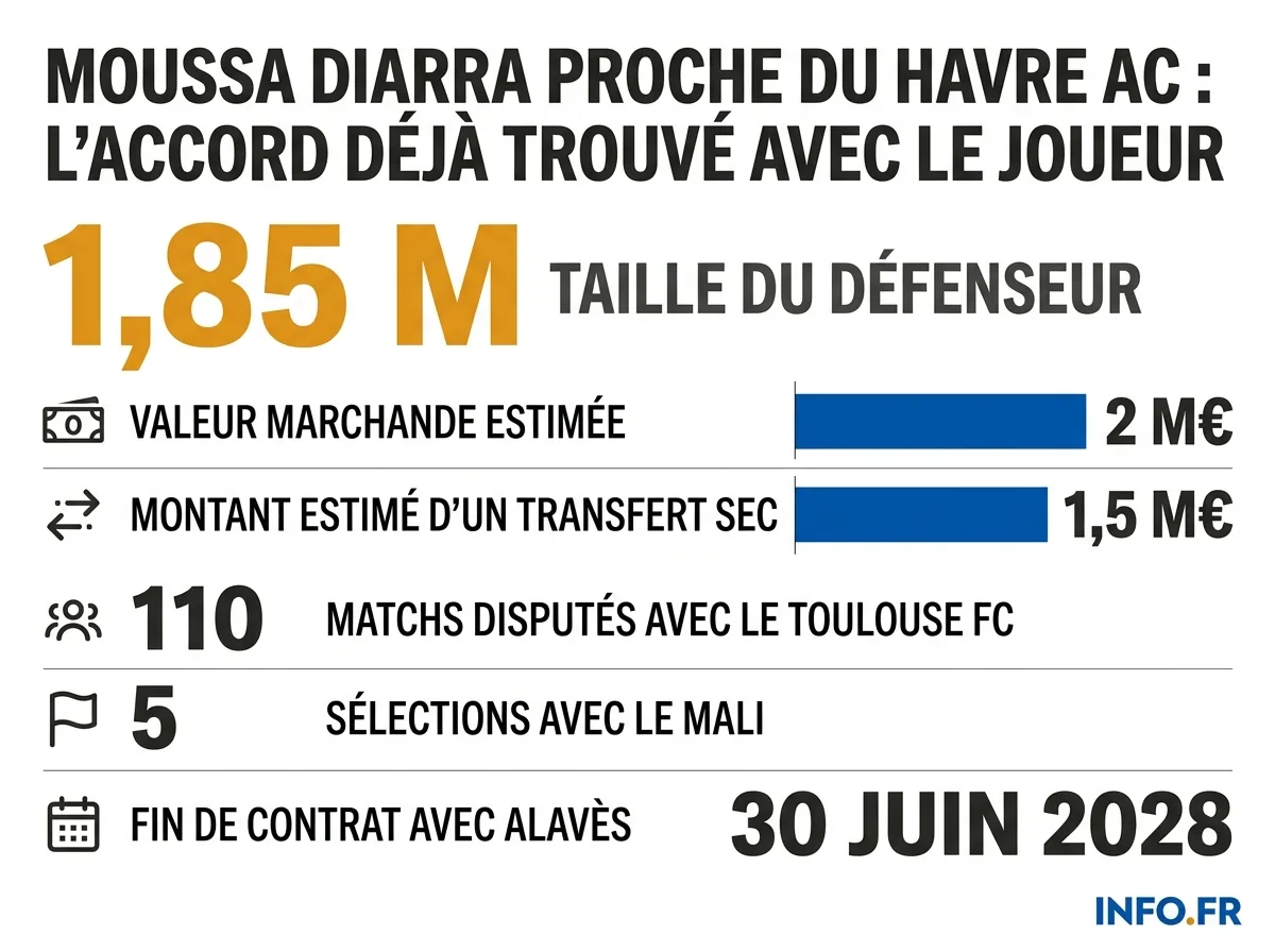 Portrait chiffré de Moussa Diarra, défenseur international malien annoncé proche du Havre AC.