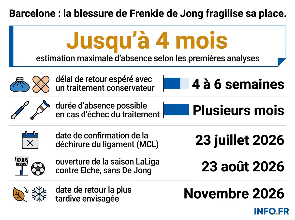 Chronologie et estimations de retour de Frenkie de Jong après sa déchirure du ligament du genou droit, confirmée le 23 juillet 2026.