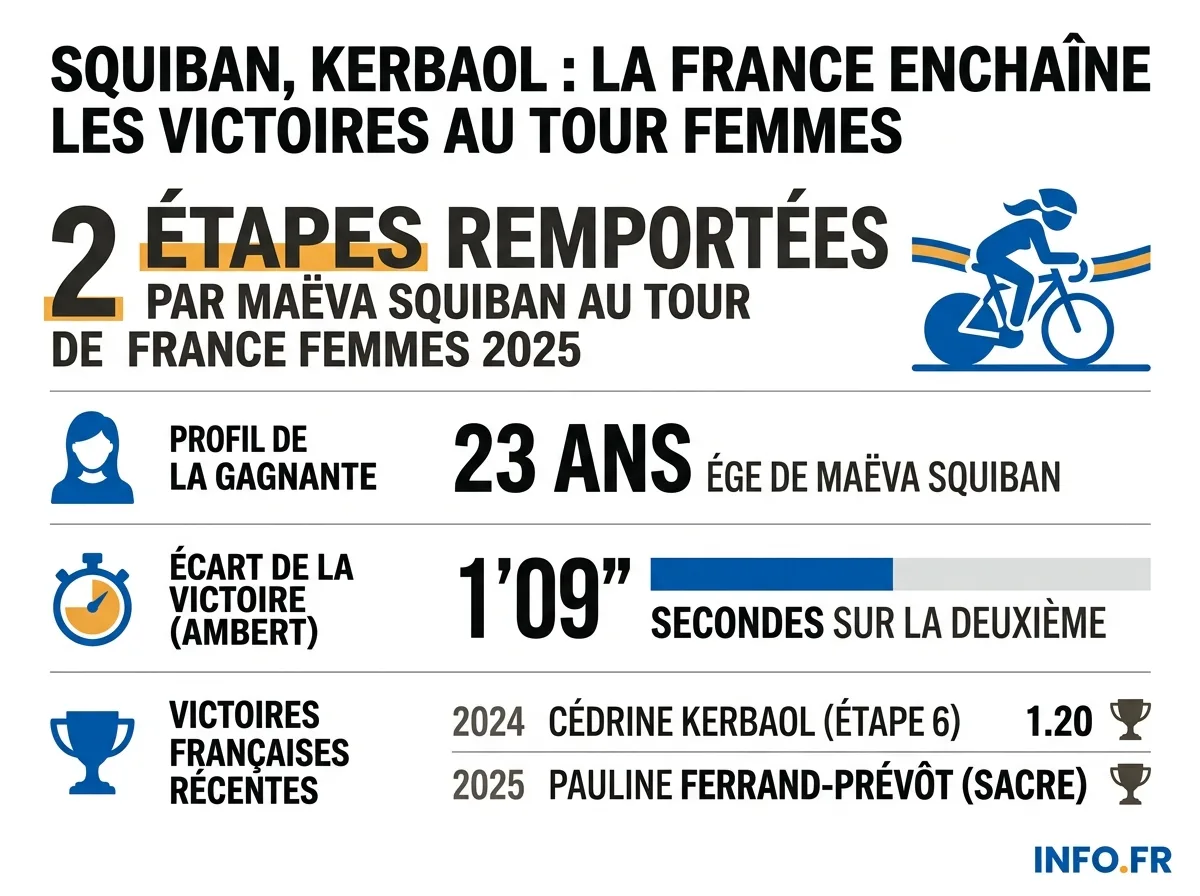 Les chiffres clés de la génération française du Tour de France Femmes 2025, entre victoires d'étapes et maillot jaune.