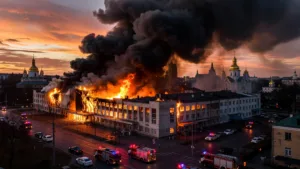 Frappes russes sur l&rsquo;Ukraine : incendie à Sumy et attaques sur Kyiv