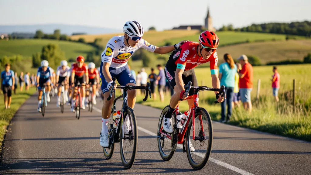 Juan Ayuso pousse Baptiste Veistroffer après un saut de chaîne sur le Tour de France 2026