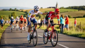 Juan Ayuso pousse Baptiste Veistroffer après un saut de chaîne sur le Tour de France 2026