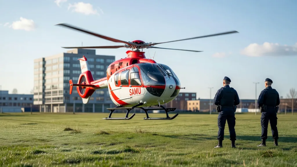 Laval : la police nationale sécurise l'atterrissage d'un hélicoptère du SAMU