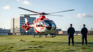 Laval : la police nationale sécurise l&rsquo;atterrissage d&rsquo;un hélicoptère du SAMU