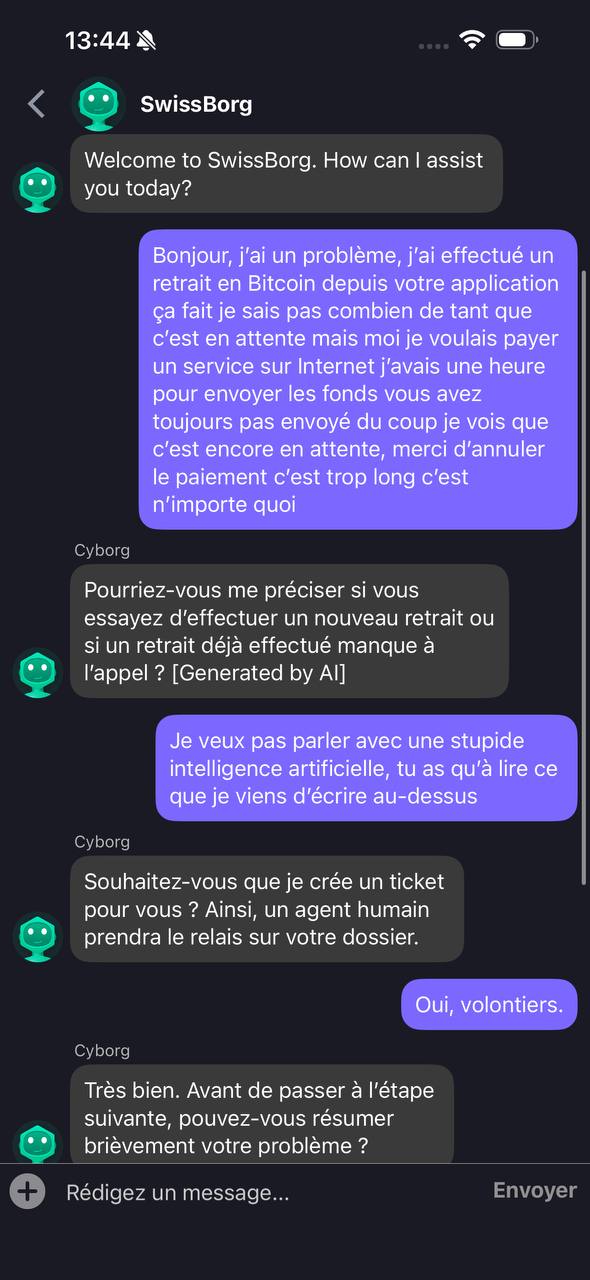 Échange avec le service client IA de SwissBorg, juillet 2026 : l'assistant demande de résumer un problème déjà décrit en détail.