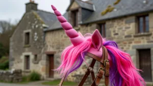 Saint-Nicodème : les mariés arrivent à la mairie tractés par une licorne rose