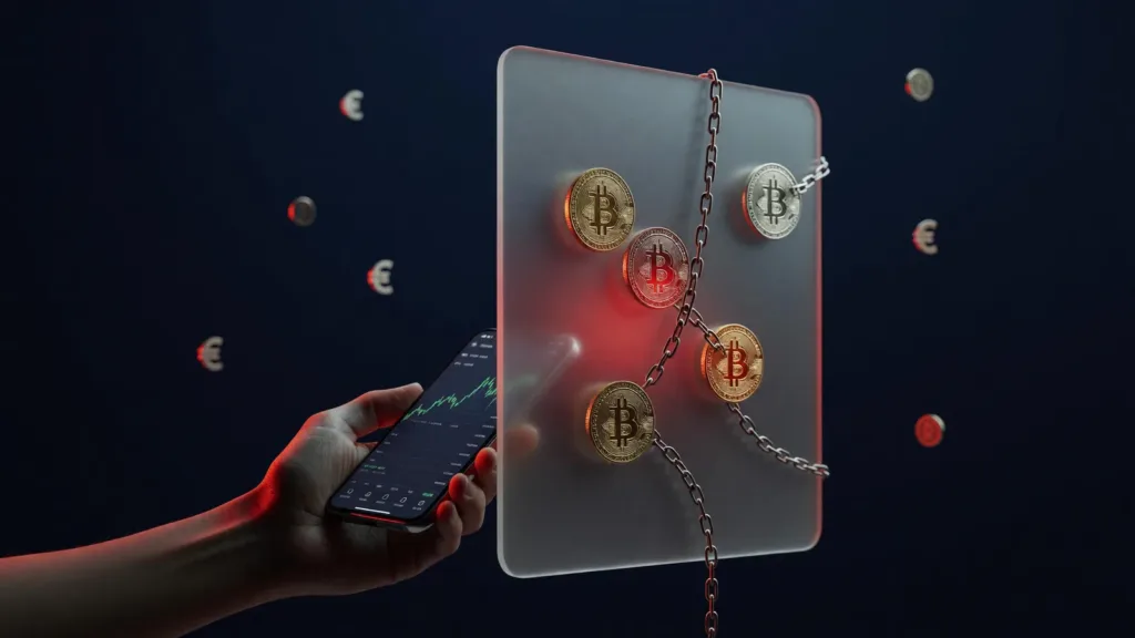 Cryptomonnaies bloquees derriere une vitre et enchainees, illustration de l'article sur SwissBorg