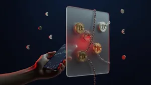 Cryptomonnaies bloquees derriere une vitre et enchainees, illustration de l'article sur SwissBorg