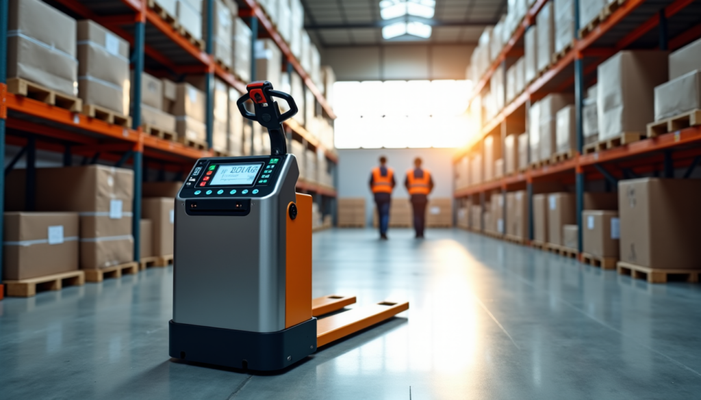 Transpalette peseur en entrepôt logistique