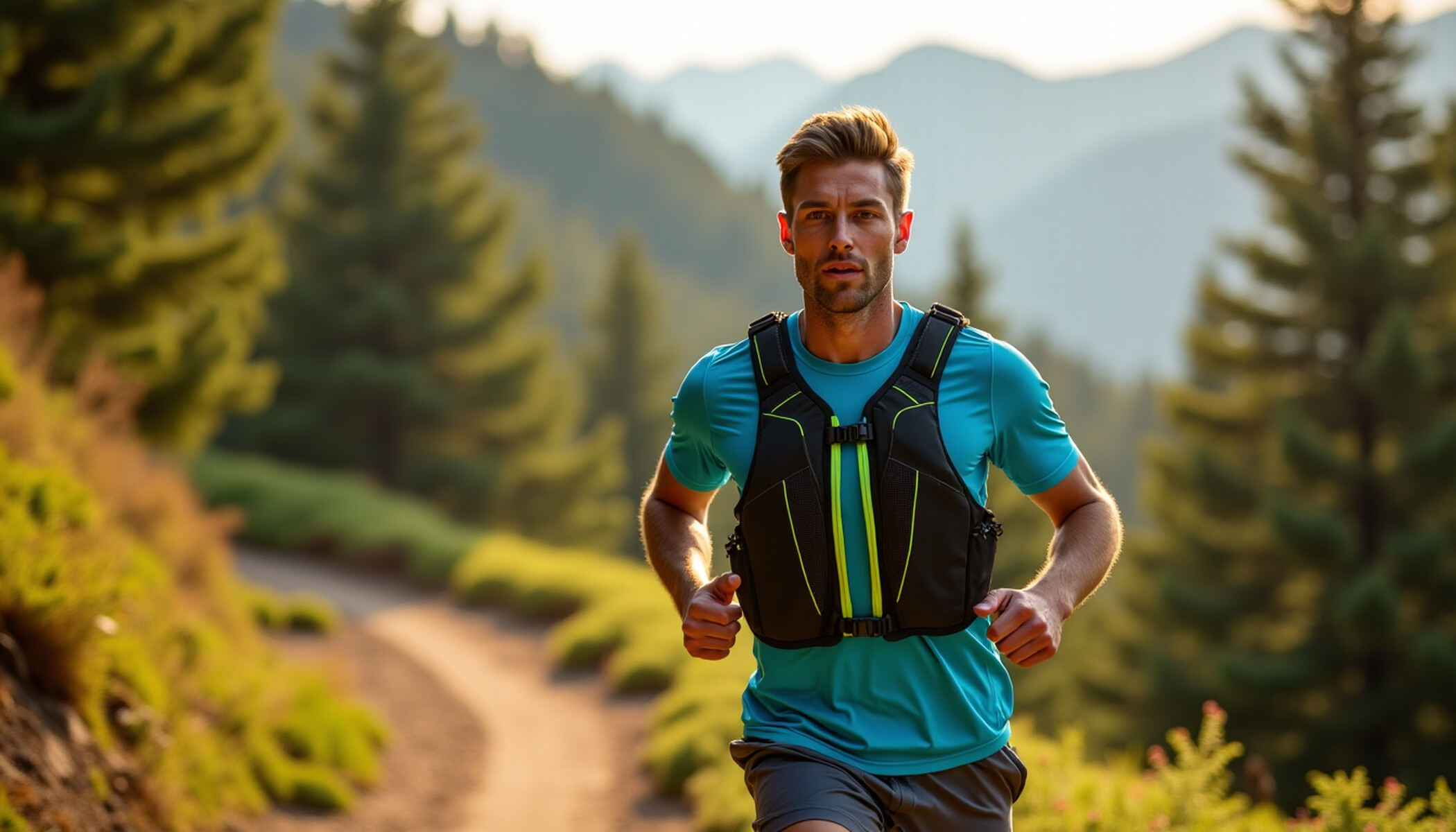 Coureur de trail portant un gilet d’hydratation en montagne