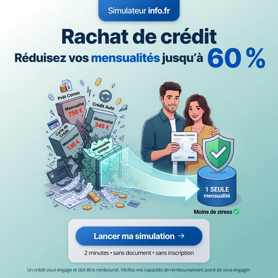 Rachat de credit : reduisez vos mensualites jusqu'a 60 %. Simulateur info.fr, gratuit et sans inscription.