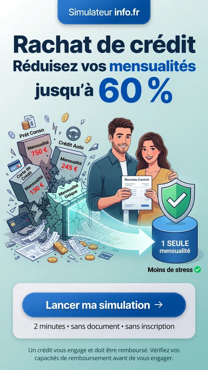 Rachat de credit : reduisez vos mensualites jusqu'a 60 %. Simulateur info.fr, gratuit et sans inscription.